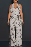 Grey Sexy Floral Print Pocket Backless Halter Loose Jumpsuits
