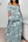 Blue Purple Casual Geometric Print Flowers Contrast V Neck Printed Dresses