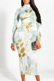 Beige Elegant Floral Print Contrast Turtleneck Printed Dresses