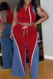 Red Casual Lace Up Zipper Contrast Zipper Collar Sleeveless Two Pieces