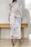 Grey Casual Colorblock National Totem Print Contrast O Neck Printed Dresses