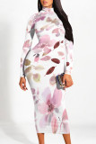 Beige Elegant Floral Print Contrast Turtleneck Printed Dresses