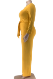 Yellow Casual Solid Color Patchwork Strap Design O Neck Plus Size Two Pieces