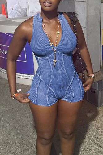 Blue Sexy Solid Color Patchwork Deep V Neck Skinny Rompers
