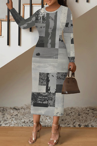 Grey Casual Colorblock National Totem Print Contrast O Neck Printed Dresses
