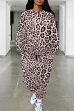 Green Casual Leopard Print Pocket Contrast O Neck Long Sleeve Two Pieces