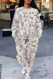 Green Casual Leopard Print Pocket Contrast O Neck Long Sleeve Two Pieces