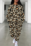 Green Casual Leopard Print Pocket Contrast O Neck Long Sleeve Two Pieces