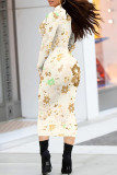 Beige Elegant Floral Print Contrast Turtleneck Printed Dresses