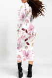 Beige Elegant Floral Print Contrast Turtleneck Printed Dresses