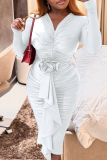 White Elegant Solid Color Patchwork Ruched Flower Shape V Neck Wrapped Skirt Dresses