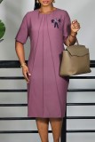 Pink Casual Daily Solid Color Flowers O Neck A Line Dresses