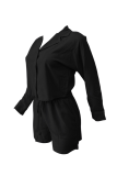 Black Casual Solid Color Buckle Patchwork Turndown Collar Long Sleeve Two Pieces