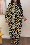 Green Casual Leopard Print Pocket Contrast O Neck Long Sleeve Two Pieces