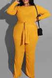 Yellow Casual Solid Color Patchwork Strap Design O Neck Plus Size Two Pieces