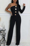 Black Casual Daily Elegant Solid Color Backless Oblique Collar Bodycon Jumpsuits
