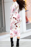 Beige Elegant Floral Print Contrast Turtleneck Printed Dresses