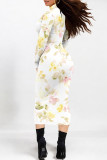 Beige Elegant Floral Print Contrast Turtleneck Printed Dresses