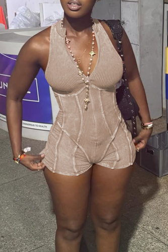 Khaki Sexy Solid Color Patchwork Deep V Neck Skinny Rompers