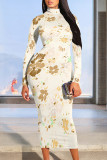 Beige Elegant Floral Print Contrast Turtleneck Printed Dresses