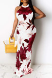 Black Pink Sexy Floral Print Contrast O Neck Printed Dresses