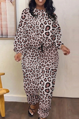 Pink Casual Leopard Print Pocket Contrast O Neck Long Sleeve Two Pieces