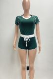 Black Casual Lace Up Patchwork Contrast V Neck Short Sleeve Two Pieces