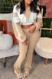 Brown Casual Sportswear Daily Patchwork Contrast Zipper Collar Long Sleeve Two Pieces