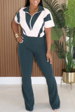 Burgundy Casual Patchwork Zipper Zipper Collar Jumpsuits
