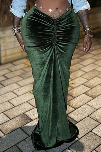 Army Green Sexy Solid Color Ruched Bodycon Mid Waist Conventional Solid Color Skirts