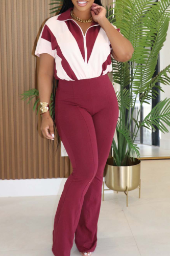 Burgundy Casual Patchwork Zipper Zipper Collar Jumpsuits