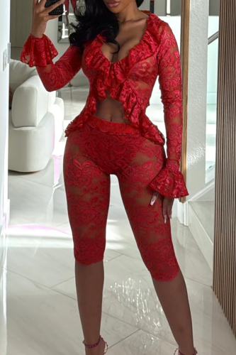 Red Sexy Solid Color Lace Patchwork V Neck Long Sleeve Two Pieces