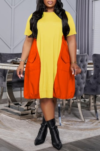 Yellow Casual Daily Patchwork Contrast Short Sleeve Plus Size Dresses