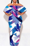 Blue Sexy Colorblock Print Flounce Contrast Off Shoulder Printed Dresses