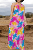 Light Purple Casual Tie Dye Pocket Patchwork Halter Long Dresses