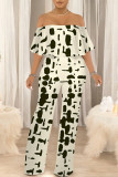 White Sexy Colorblock Floral Print Pocket Ruffle Off Shoulder Loose Jumpsuits