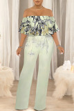 White Sexy Colorblock Floral Print Pocket Ruffle Off Shoulder Loose Jumpsuits