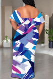 Blue Sexy Colorblock Print Flounce Contrast Off Shoulder Printed Dresses