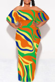 Blue Sexy Colorblock Print Flounce Contrast Off Shoulder Printed Dresses