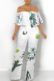 White Sexy Colorblock Floral Print Pocket Ruffle Off Shoulder Loose Jumpsuits