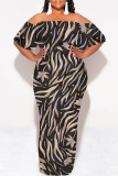 Blue Sexy Colorblock Print Flounce Contrast Off Shoulder Printed Dresses