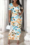 Blue Elegant Gradient Print Contrast O Neck Printed Short Sleeve Dress