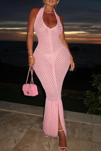 Pink Casual Solid Color Fringed Trim Patchwork Swimwears Cover Up