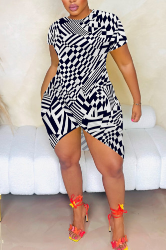 Black And White Casual Geometric Print Irregular Contrast O Neck Printed Short Sleeve Dress