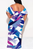 Blue Sexy Colorblock Print Flounce Contrast Off Shoulder Printed Dresses