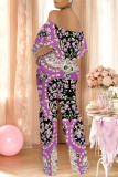White Sexy Colorblock Floral Print Pocket Ruffle Off Shoulder Loose Jumpsuits