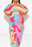 Blue Sexy Colorblock Print Flounce Contrast Off Shoulder Printed Dresses