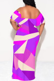 Blue Sexy Colorblock Print Flounce Contrast Off Shoulder Printed Dresses
