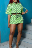 Green Casual Daily Plaid Print Basic Hooded Short Sleeve Two Pieces