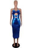 Blue Sexy Solid Color Hollow Out Backless Cross Straps Halter Wrapped Skirt Dresses